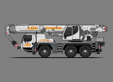 White crane with AOR cranes logo, 60 tonne liebherr all terrain crane